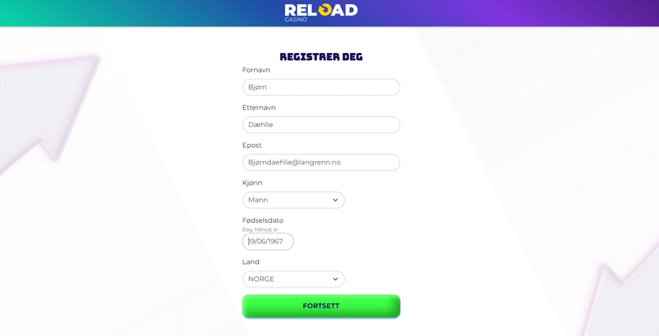 reload casino registreringsskjema