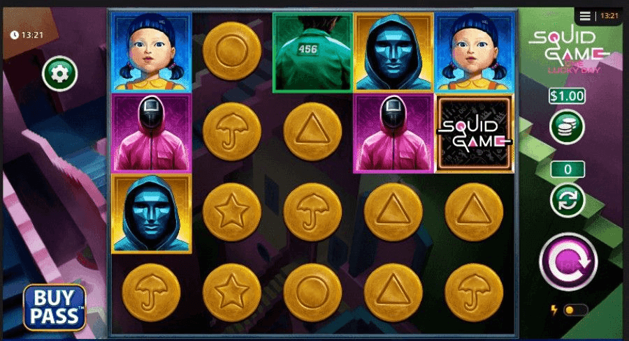 Du finner kjente symboler fra TV-serien Squid Game i denne spilleautomaten.
