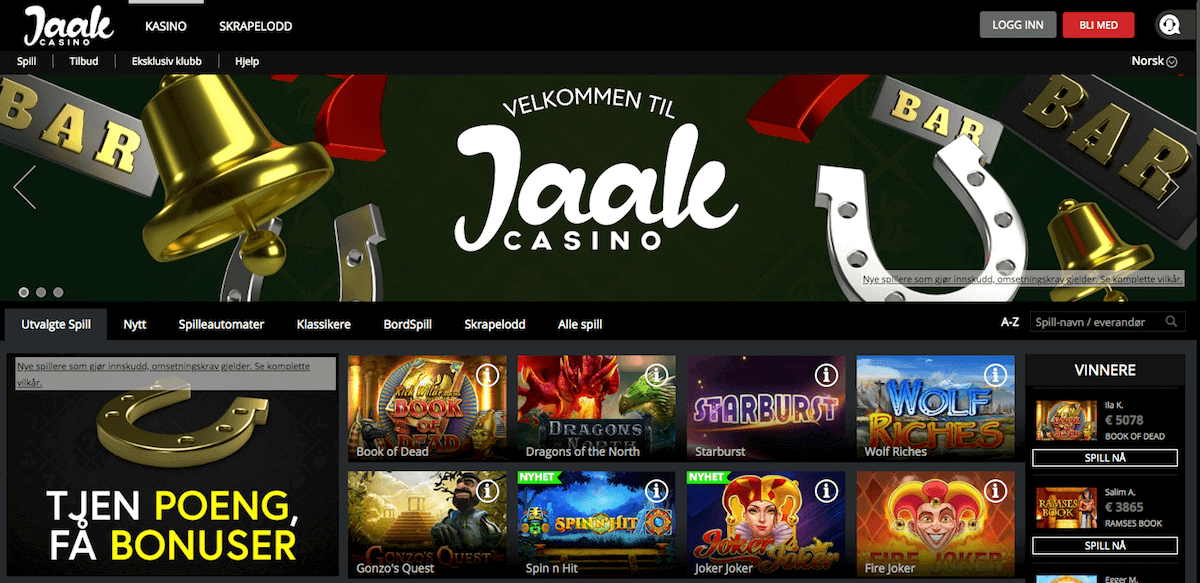 Forsiden til nettcasinoet Jaak Casino Jaak Casino forside