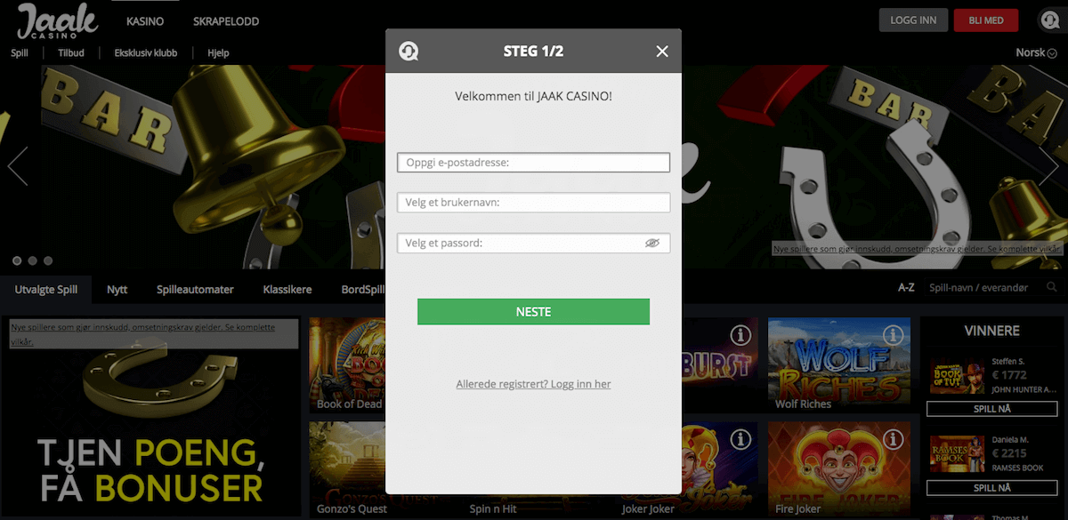 Registrering hos Jaak Casino Jaak Casino registrering