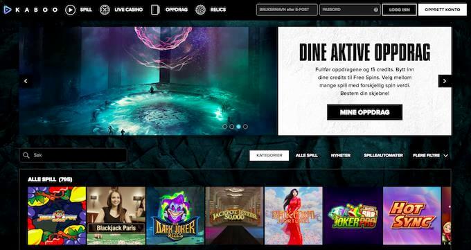 Forsiden til nettcasinoet Kaboo Kaboo casinoforside