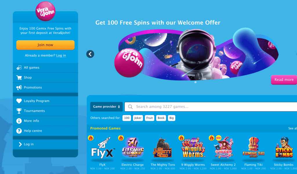 Forsiden til online casinoet Vera & John