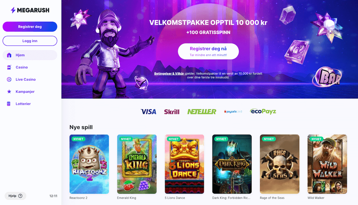 Forsiden til nettcasinoet MegaRush MegaRush forside