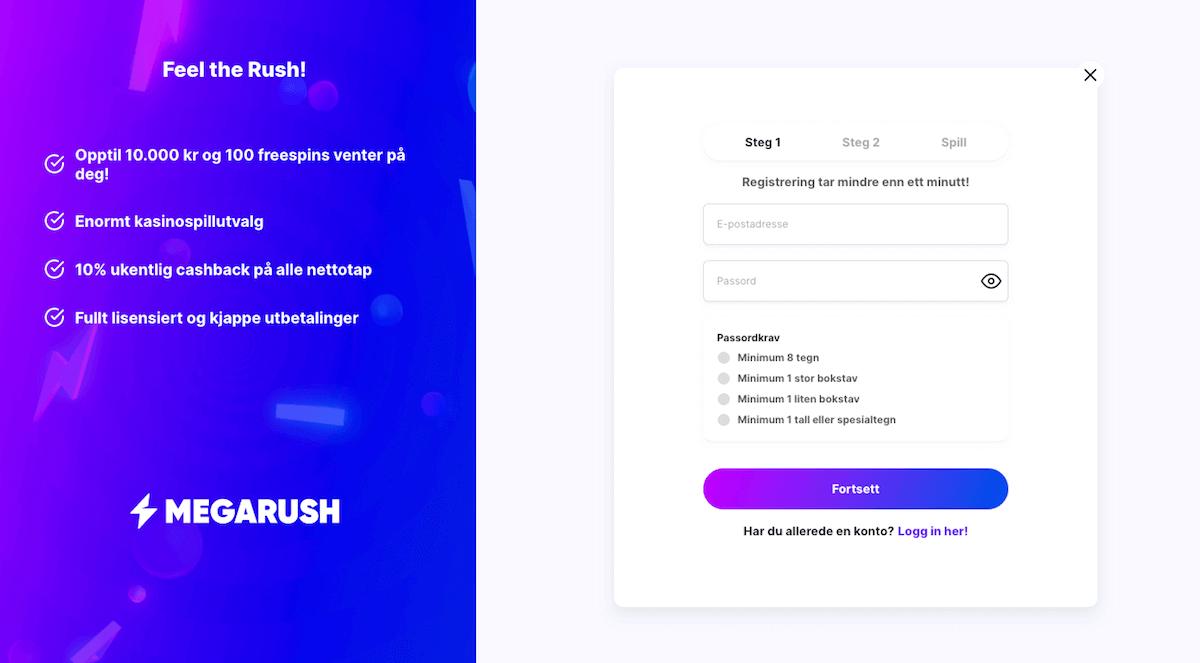 MegaRush registrering