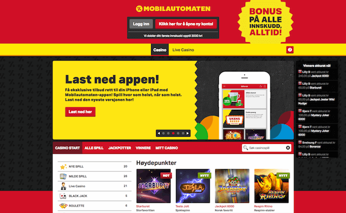 Forsiden til nettcasinoet Mobilautomaten Mobilautmaten casinoforside
