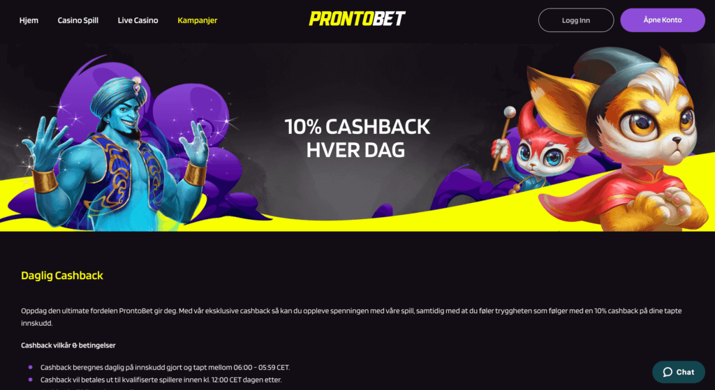 ProntoBet har også cashback