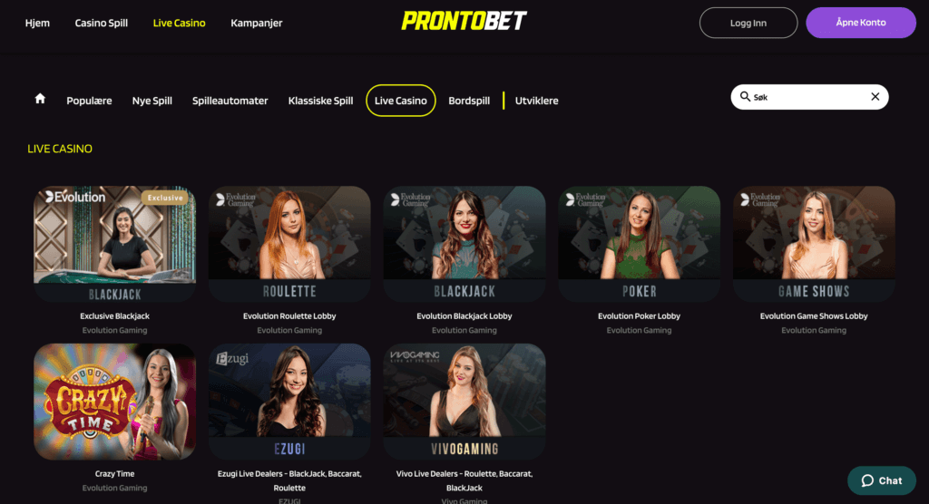 ProntoBet har et interessant live casino med bordspill og game show