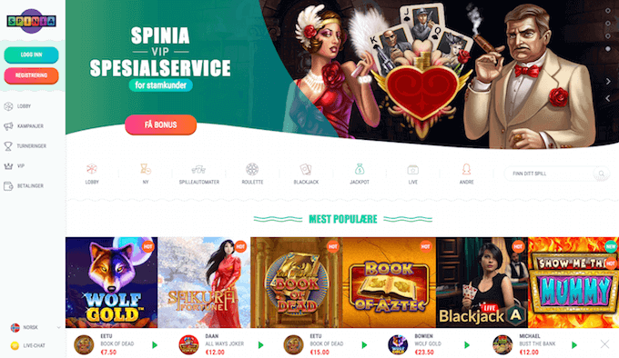 Forsiden til nettcasinoet Spinia Spinia forside