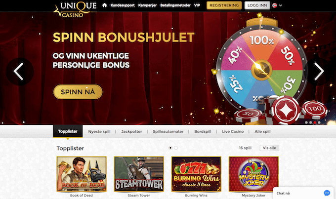 Forsiden til nettcasinoet Unique Casino Unique Casino forside