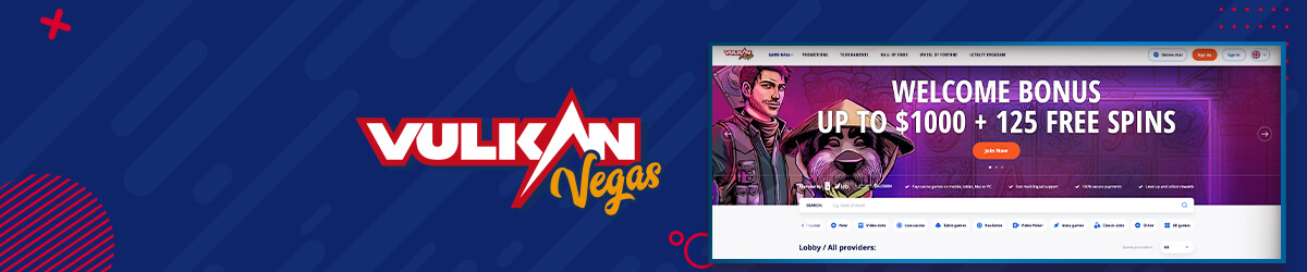 Forsiden til nettcasinoet Vulkan Vegas Vulkan Vegas forside